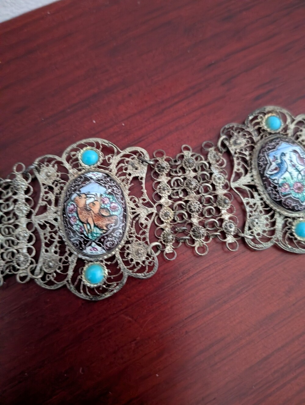 Vintage Persian/Iranian Filigree Bracelet Hand Painted Enamel Bird Deer Panels - Picture 7 of 9